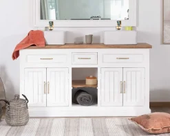 Meuble House Meuble de salle bain double en acacia naturel et blanc 