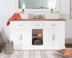 Meuble House Meuble de salle bain double en acacia naturel et blanc 