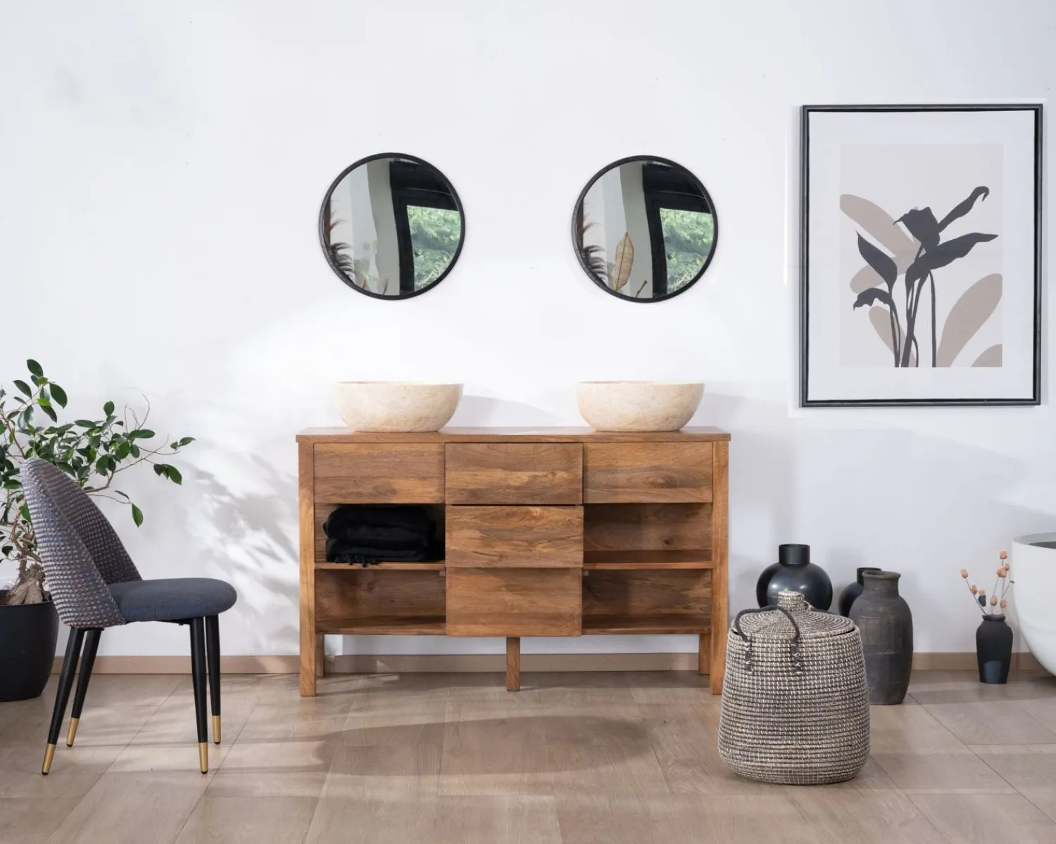 Meuble House Meuble de salle de bain double en manguier foncé 140 cm avec niches et tiroirs "Kahiko" Clearance