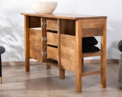 Meuble House Meuble de salle de bain double en manguier foncé 140 cm avec niches et tiroirs