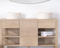 Meuble House Meuble de salle de bain double en manguier blanchi 140 cm avec niches et tiroirs 