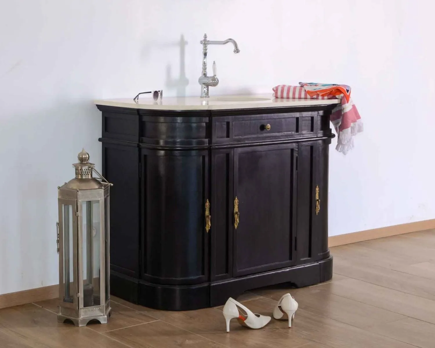 Meuble House Meuble de salle de bain 1 vasque quartz blanc et bois noir "Églantine" Sale