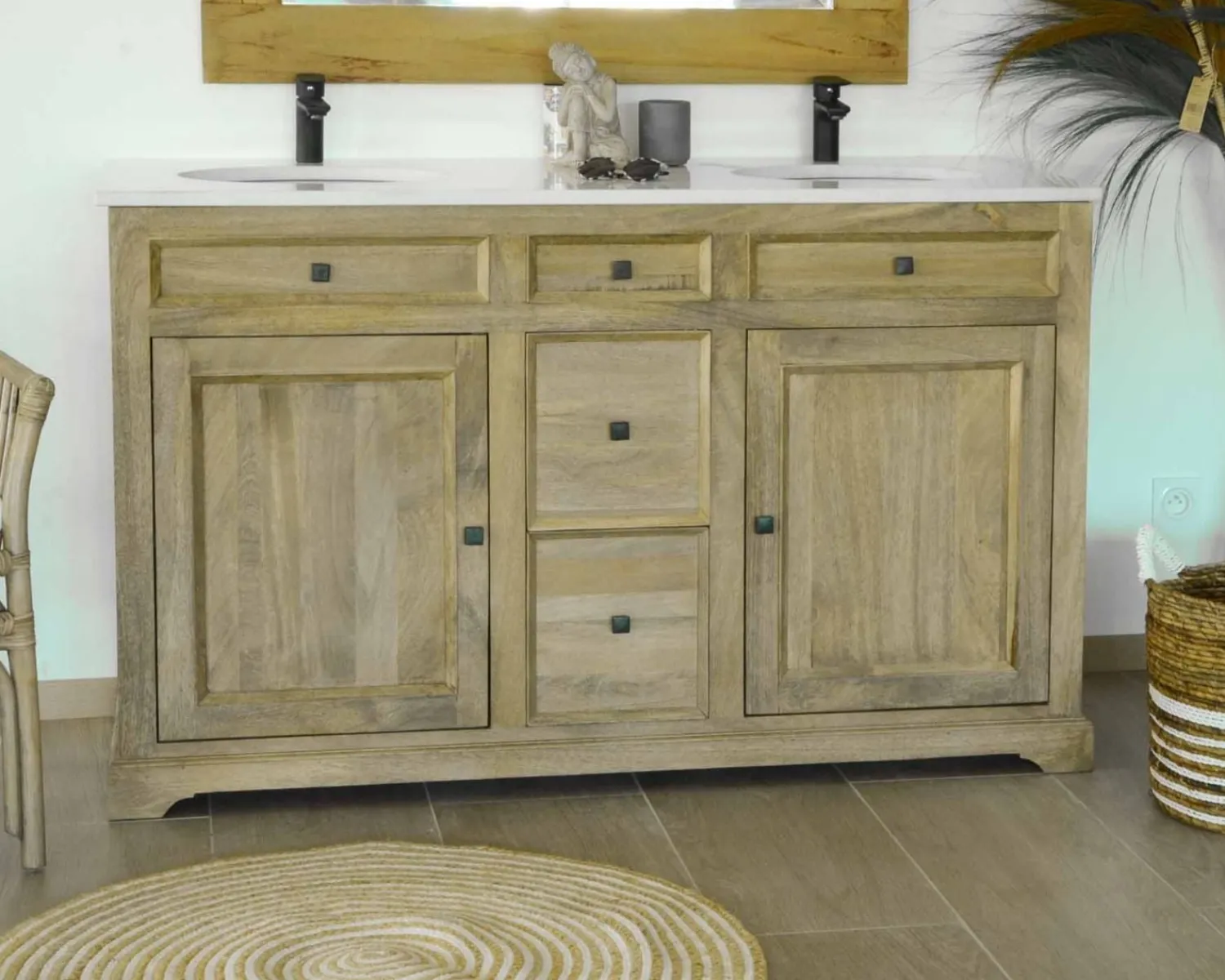 Meuble House Meuble de salle de bain 2 vasques manguier et quartz blanc "Elégance" Clearance