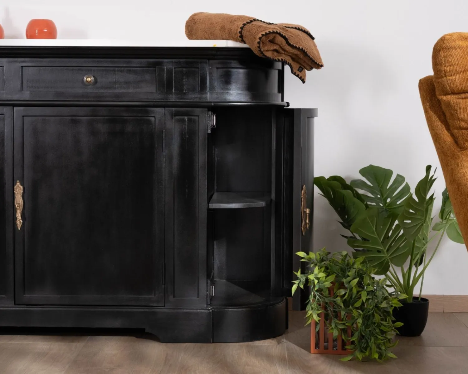 Meuble House Meuble double vasque coins arrondis bois noir quartz blanc "Églantine" Outlet