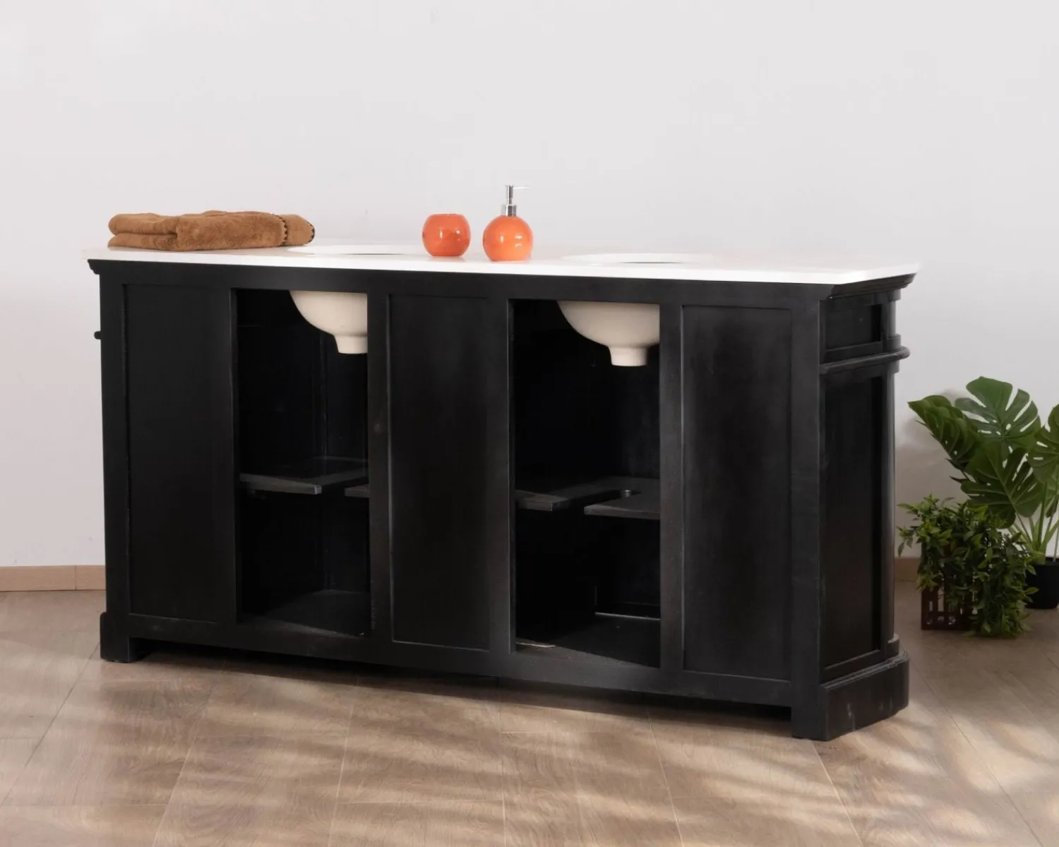 Meuble House Meuble double vasque coins arrondis bois noir quartz blanc "Églantine" Outlet