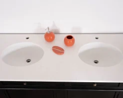 Meuble House Meuble double vasque coins arrondis bois noir quartz blanc