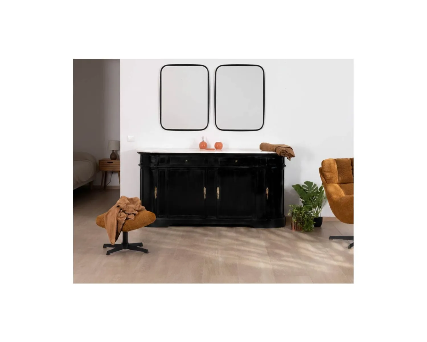 Meuble House Meuble double vasque coins arrondis bois noir quartz blanc "Églantine" Outlet