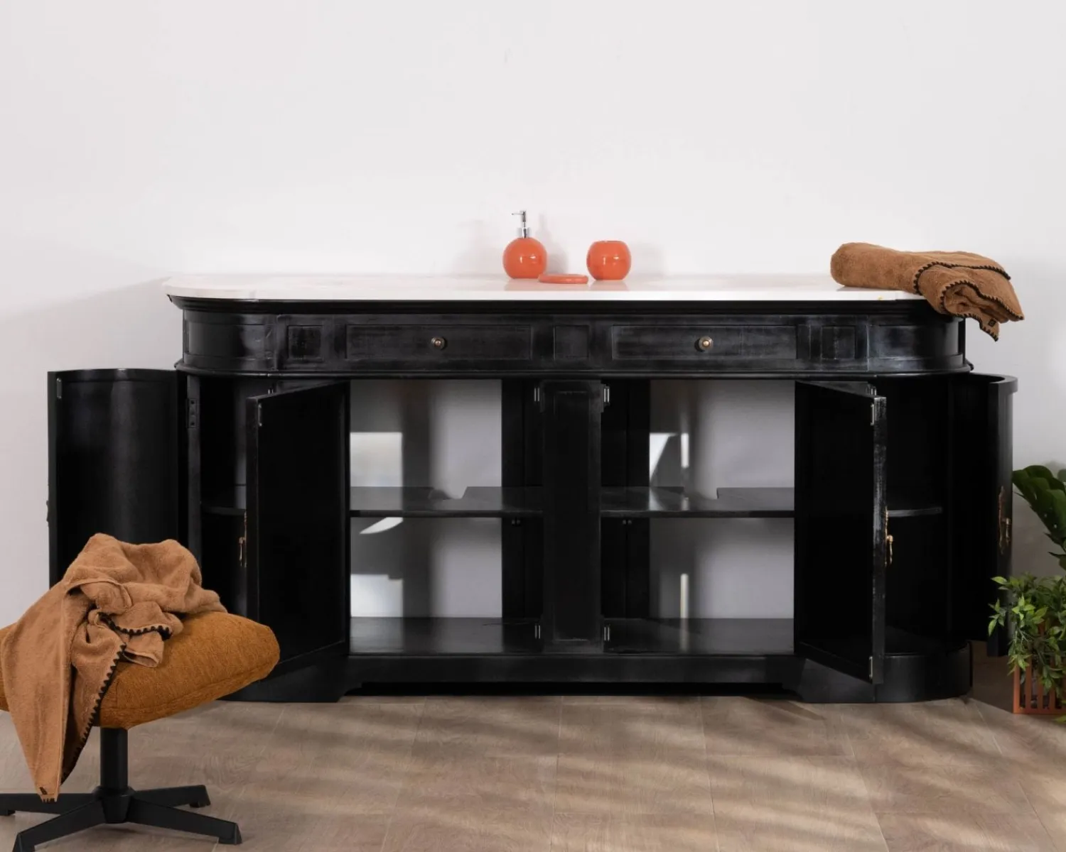 Meuble House Meuble double vasque coins arrondis bois noir quartz blanc "Églantine" Outlet