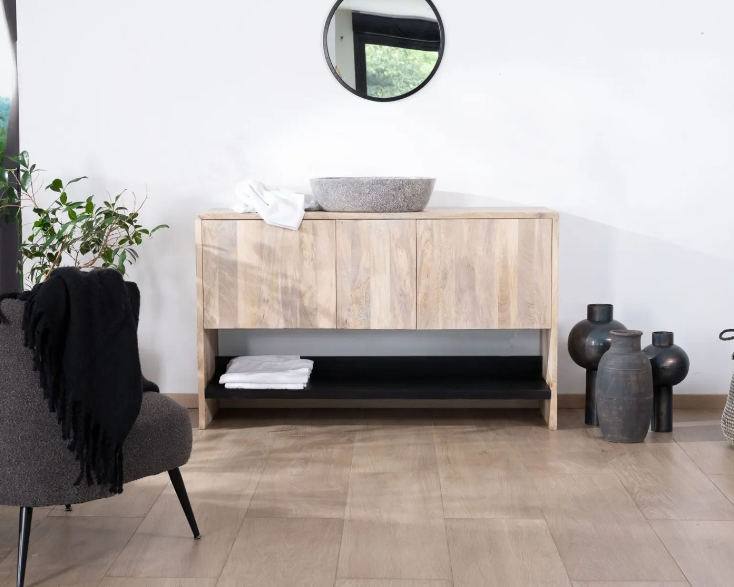 Meuble House Meuble sous vasque 120 cm en bois naturel et noir "Nani" avec grande niche Outlet