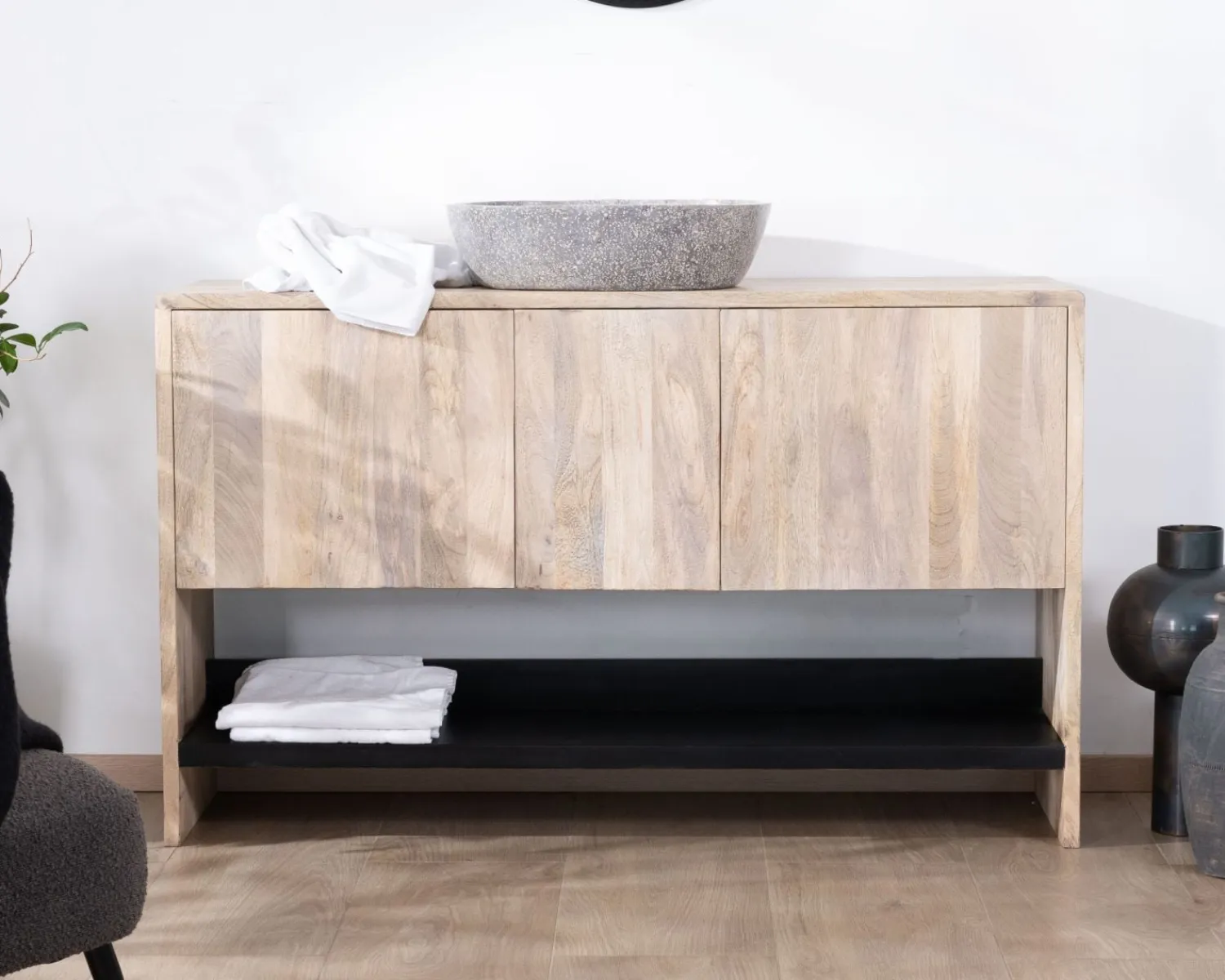 Meuble House Meuble sous vasque 120 cm en bois naturel et noir "Nani" avec grande niche Outlet