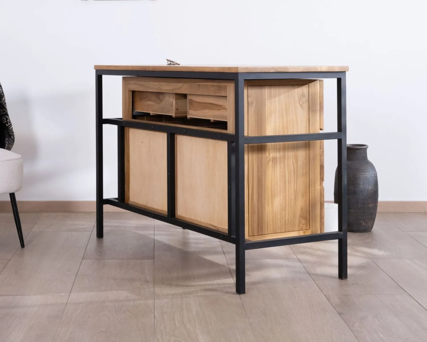 Meuble House Meuble sous vasque contemporain en teck 120 cm "Wavy" piètement design en métal New