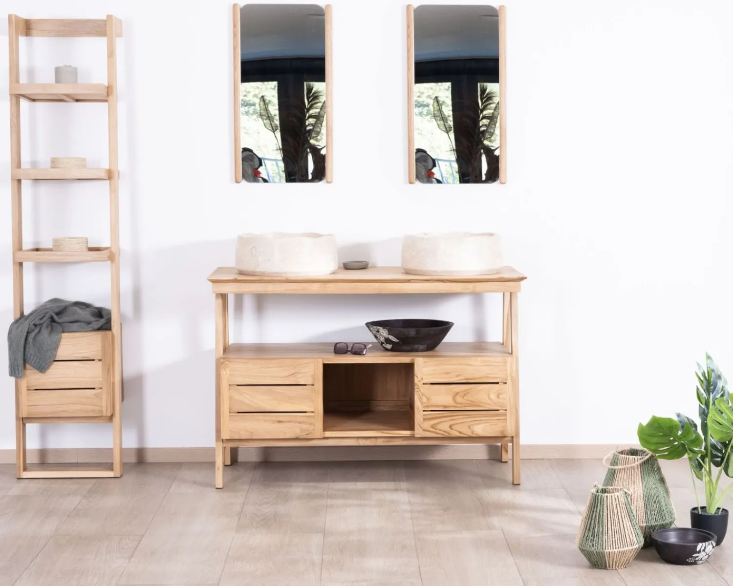 Meuble House Meuble sous vasque design japandi 120 cm en teck "Beau Matin" Discount