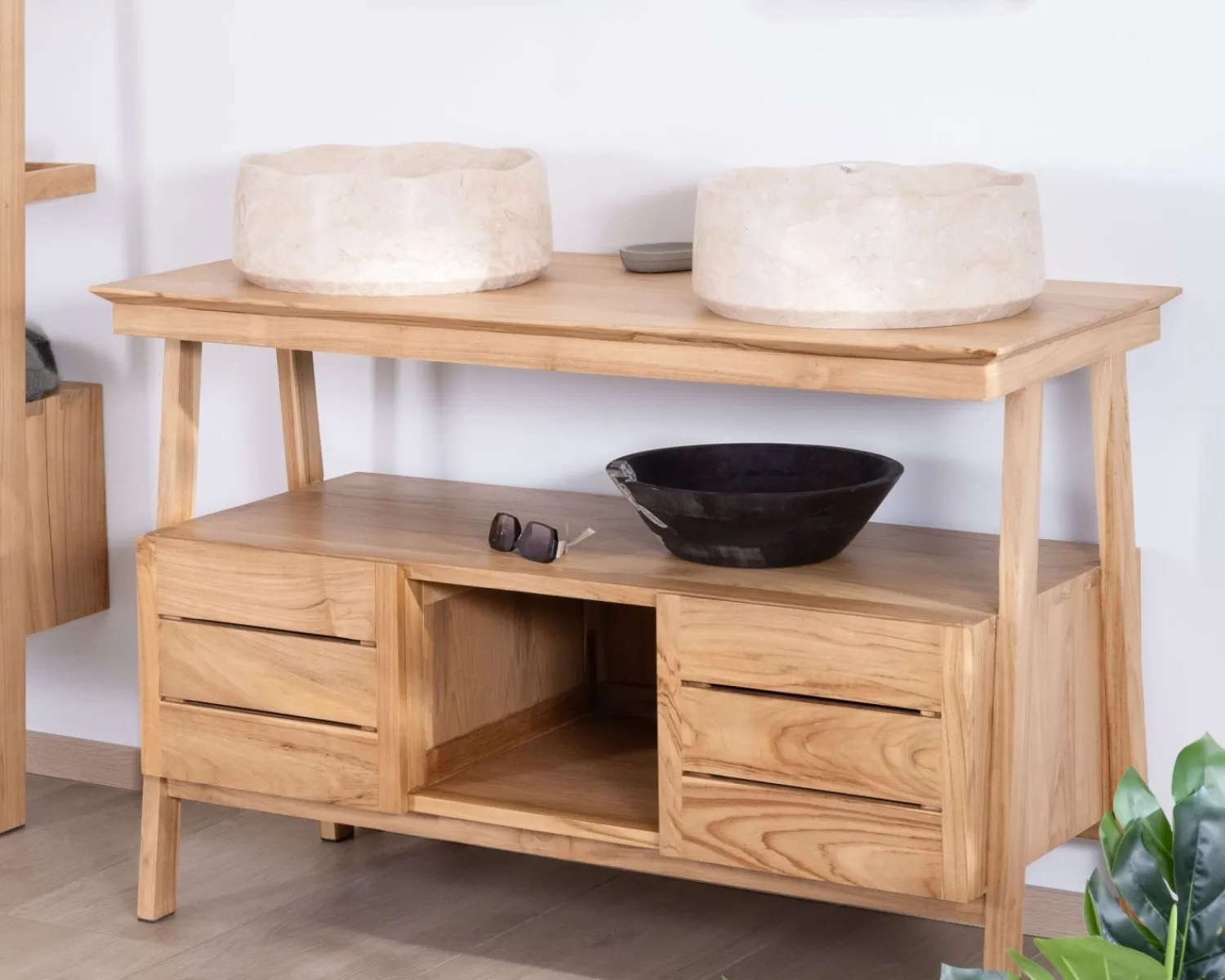 Meuble House Meuble sous vasque design japandi 120 cm en teck "Beau Matin" Discount