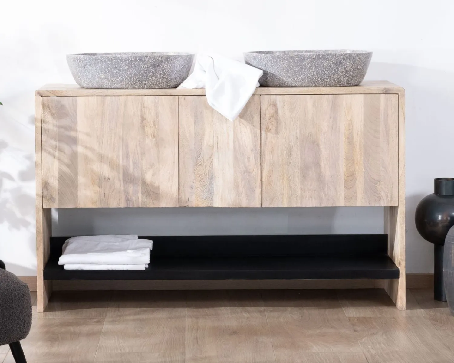 Meuble House Meuble sous vasque double en bois graphique naturel et noir "Nani" 140 cm
