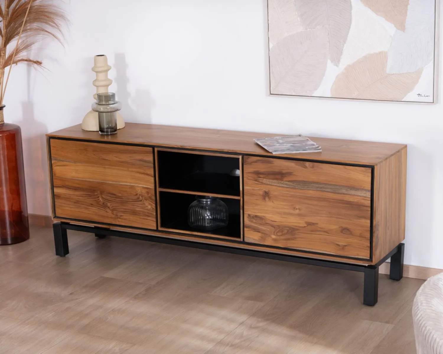 Meuble House Meuble télé 175 cm bicolore contemporain "Olonie" en teck naturel et métal Best
