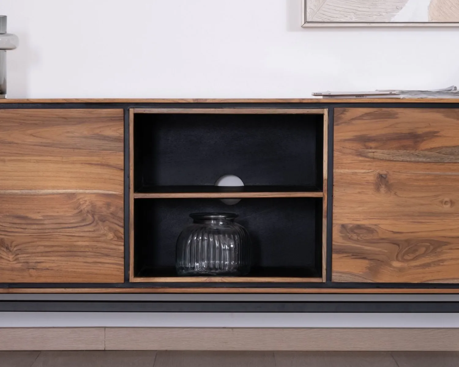 Meuble House Meuble télé 175 cm bicolore contemporain "Olonie" en teck naturel et métal Best