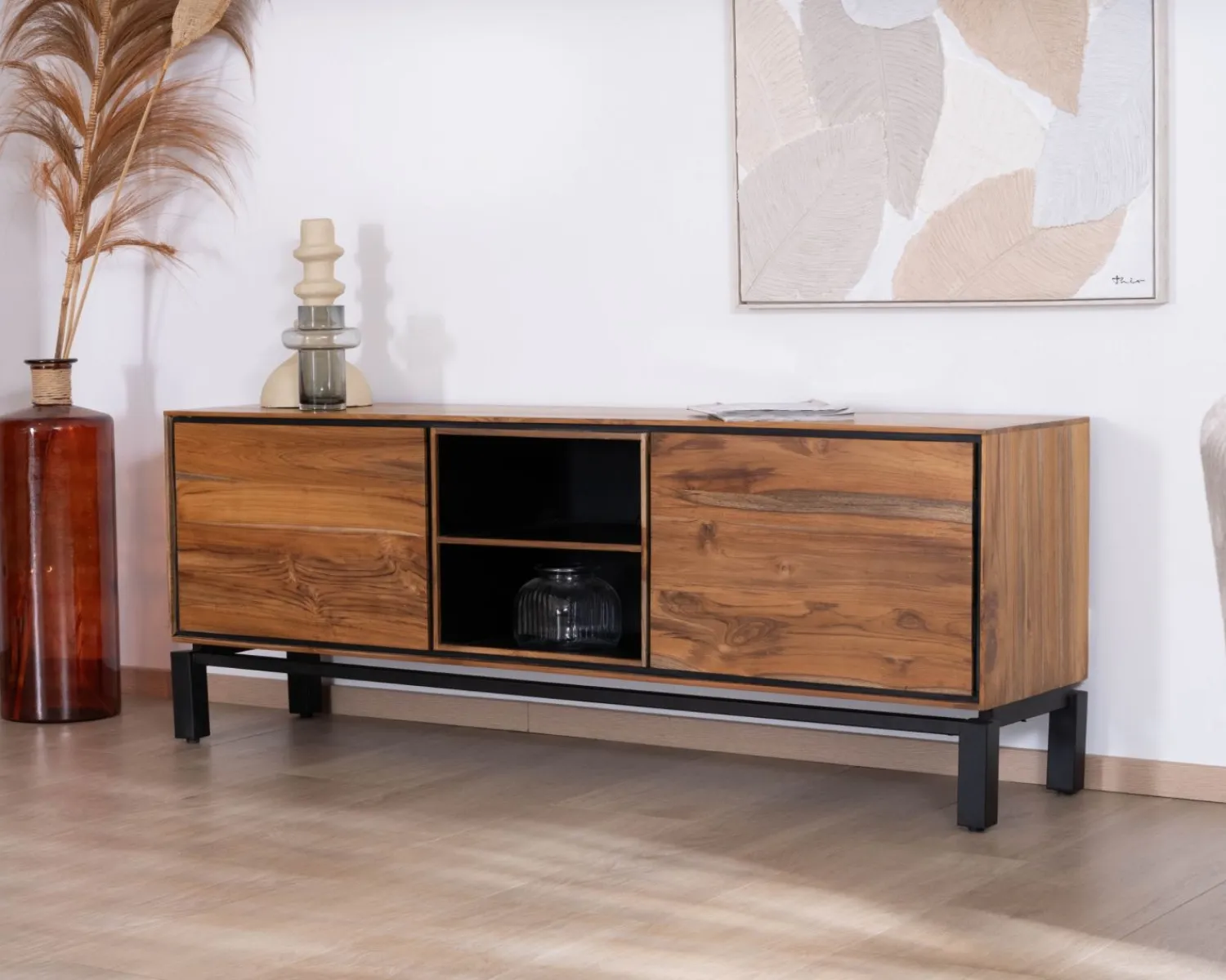 Meuble House Meuble télé 175 cm bicolore contemporain "Olonie" en teck naturel et métal Best