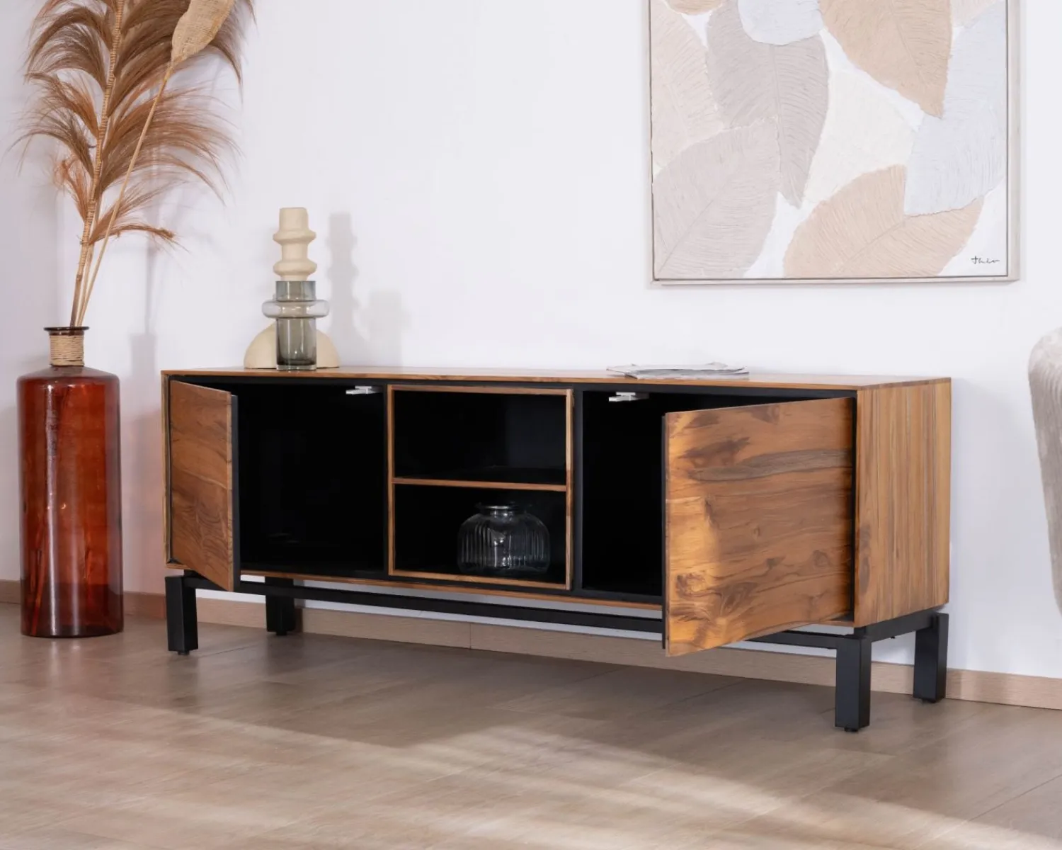 Meuble House Meuble télé 175 cm bicolore contemporain "Olonie" en teck naturel et métal Best