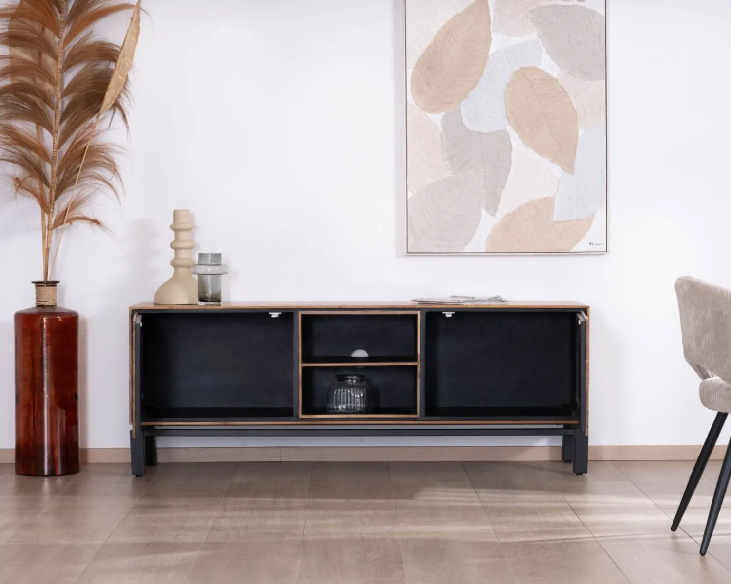 Meuble House Meuble télé 175 cm bicolore contemporain "Olonie" en teck naturel et métal Best