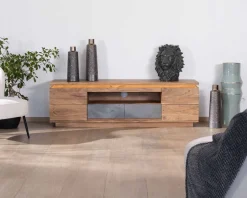 Meuble House Meuble télé 175cm en acacia avec tiroirs façade placage pierre et bande LED