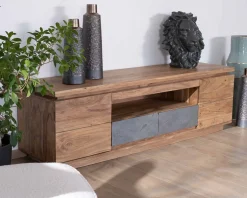 Meuble House Meuble télé 175cm en acacia avec tiroirs façade placage pierre et bande LED