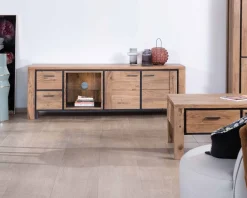 Meuble House Meuble TV 180cm acacia massif avec niche éclairage LED et étagère verre "Fantaisie" Outlet