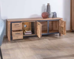 Meuble House Meuble TV 180cm acacia massif avec niche éclairage LED et étagère verre 