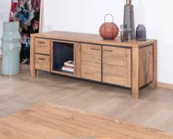 Meuble House Meuble TV 180cm acacia massif avec niche éclairage LED et étagère verre 