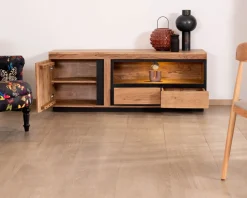 Meuble House Meuble TV 145 cm contemporain en acacia avec liserés noirs "Lumino" niche éclairage LED Sale