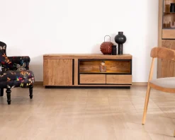 Meuble House Meuble TV 145 cm contemporain en acacia avec liserés noirs