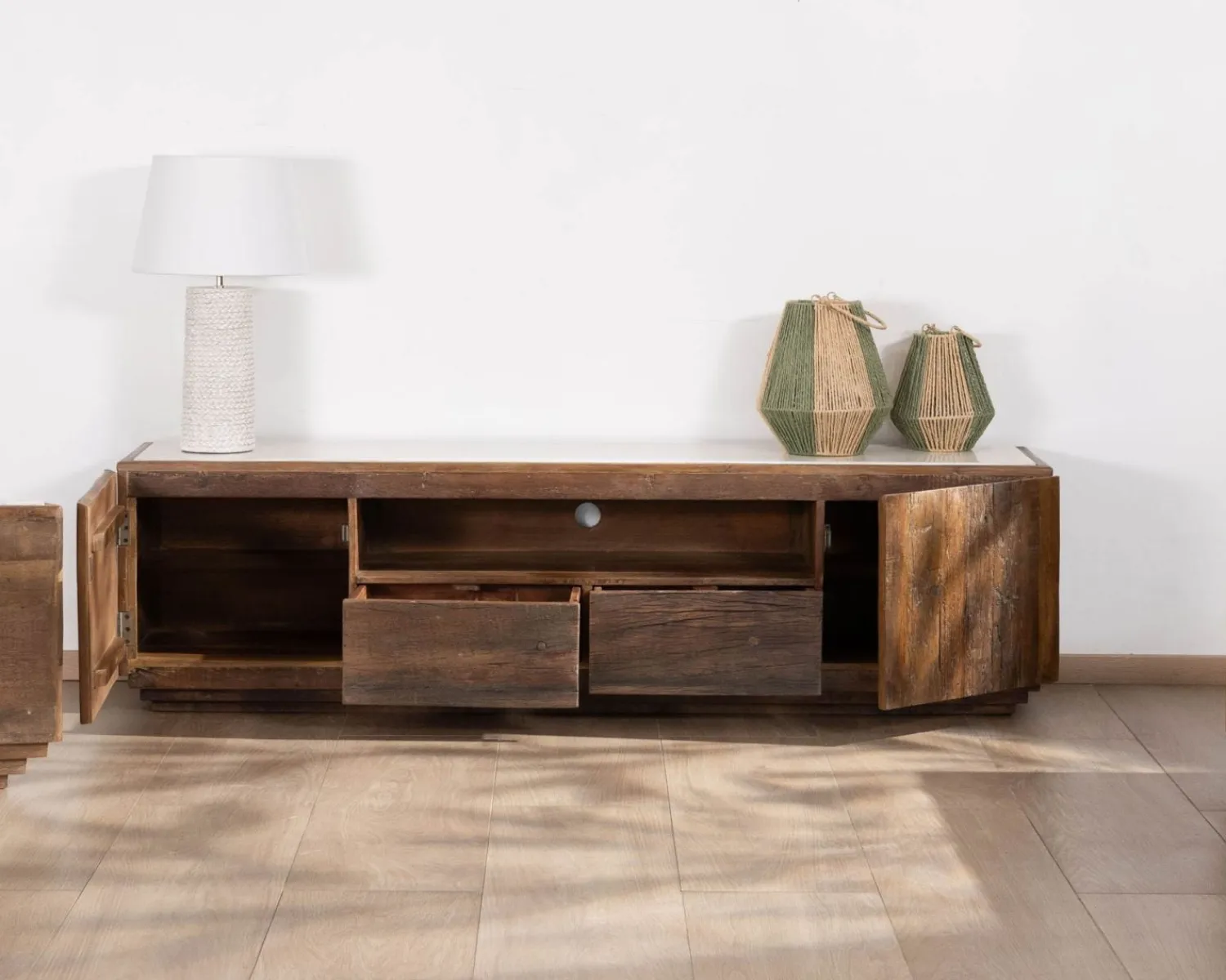 Meuble House Meuble TV 180 cm en bois recyclé et plateau marbre blanc "Mood" Clearance