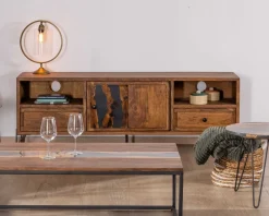 Meuble House Meuble TV 175cm ethnique acacia massif pieds métal noir "Membatu" New