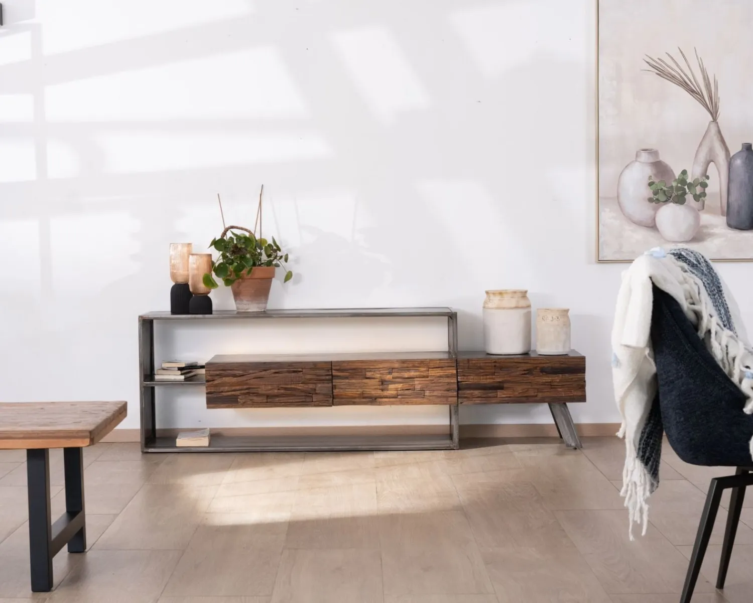 Meuble House Meuble TV 195 cm original en bois et métal "Crescendo" avec éclairage LEDs