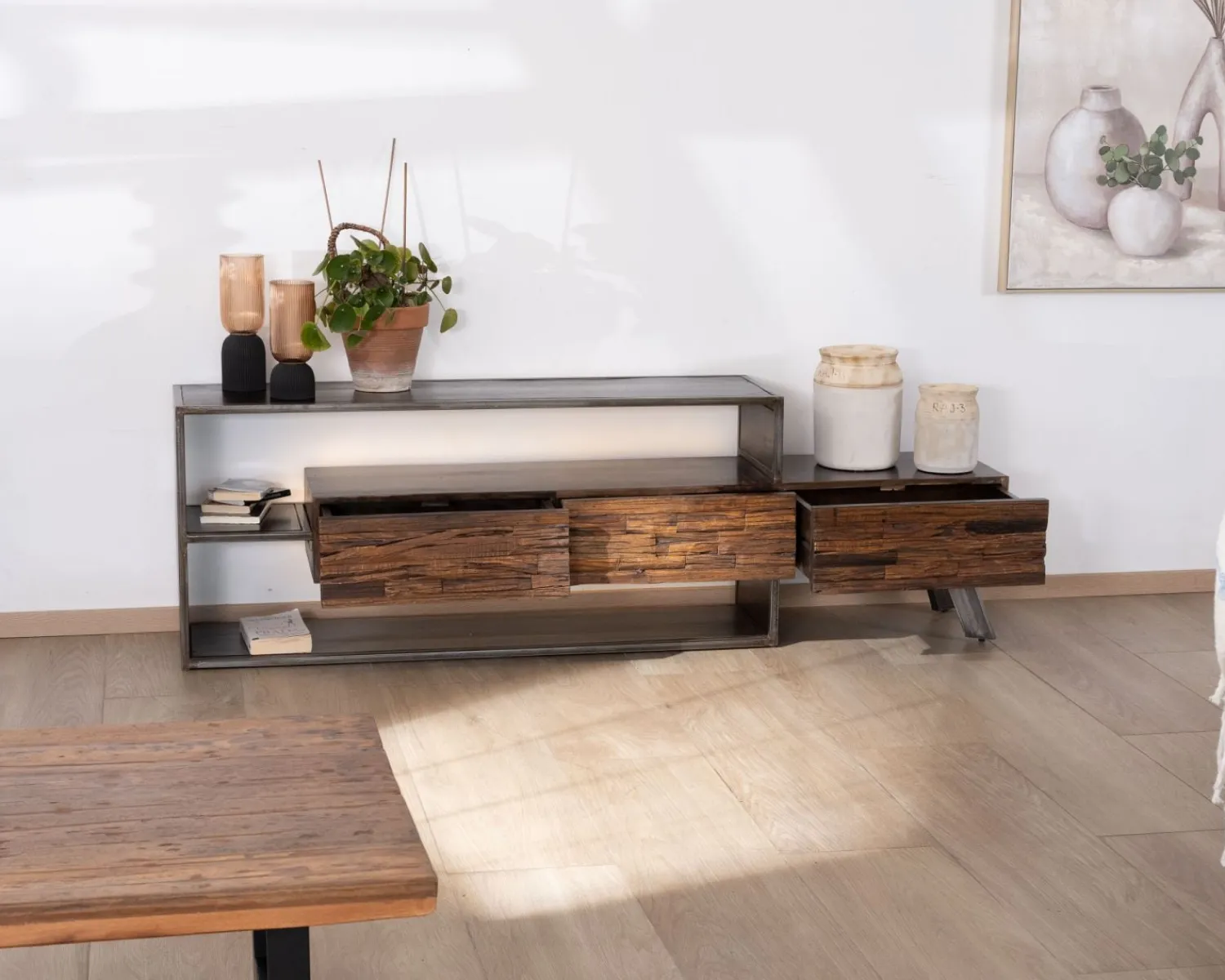 Meuble House Meuble TV 195 cm original en bois et métal "Crescendo" avec éclairage LEDs