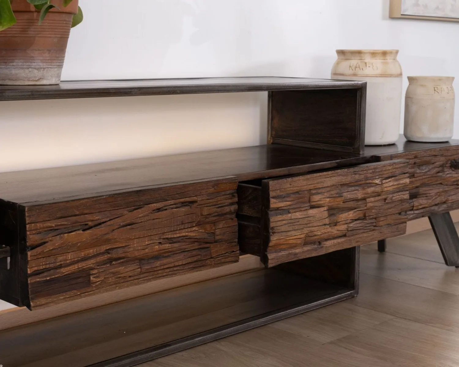 Meuble House Meuble TV 195 cm original en bois et métal "Crescendo" avec éclairage LEDs