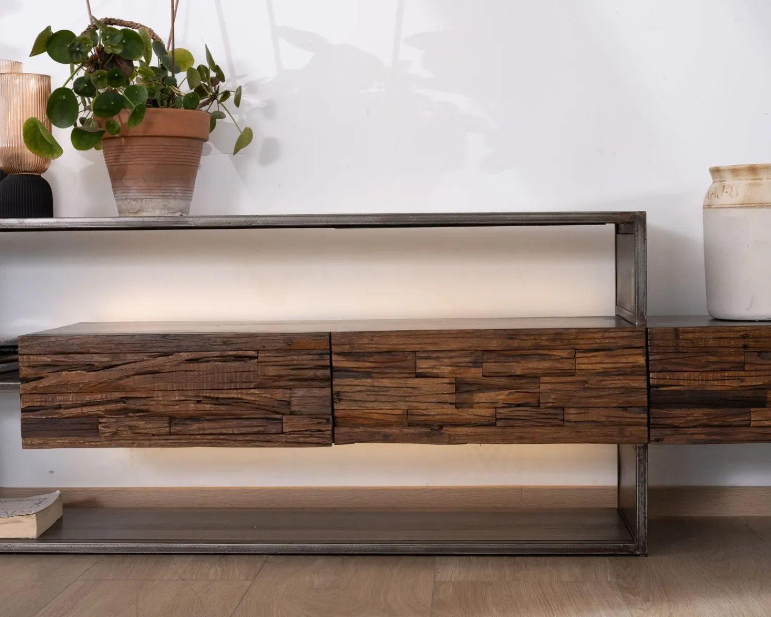 Meuble House Meuble TV 195 cm original en bois et métal "Crescendo" avec éclairage LEDs