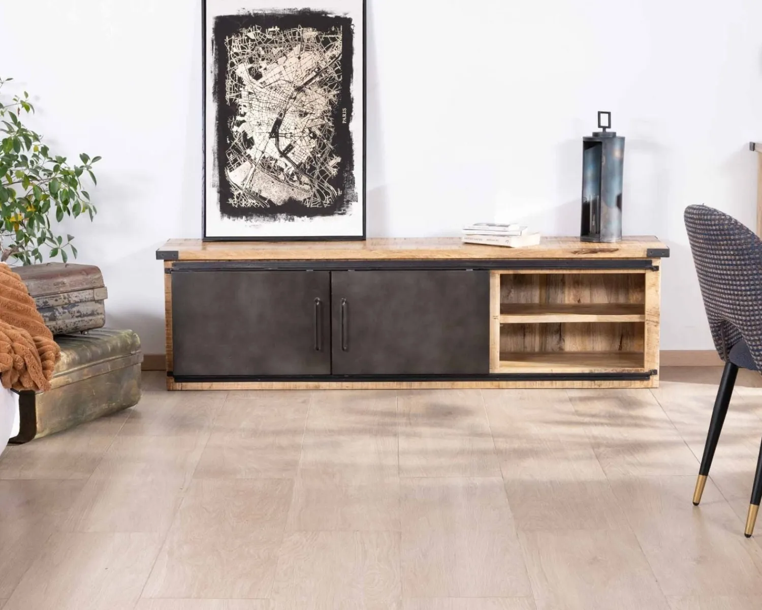 Meuble House Meuble TV 160 cm porte coulissante métal et bois "Caractère" Best
