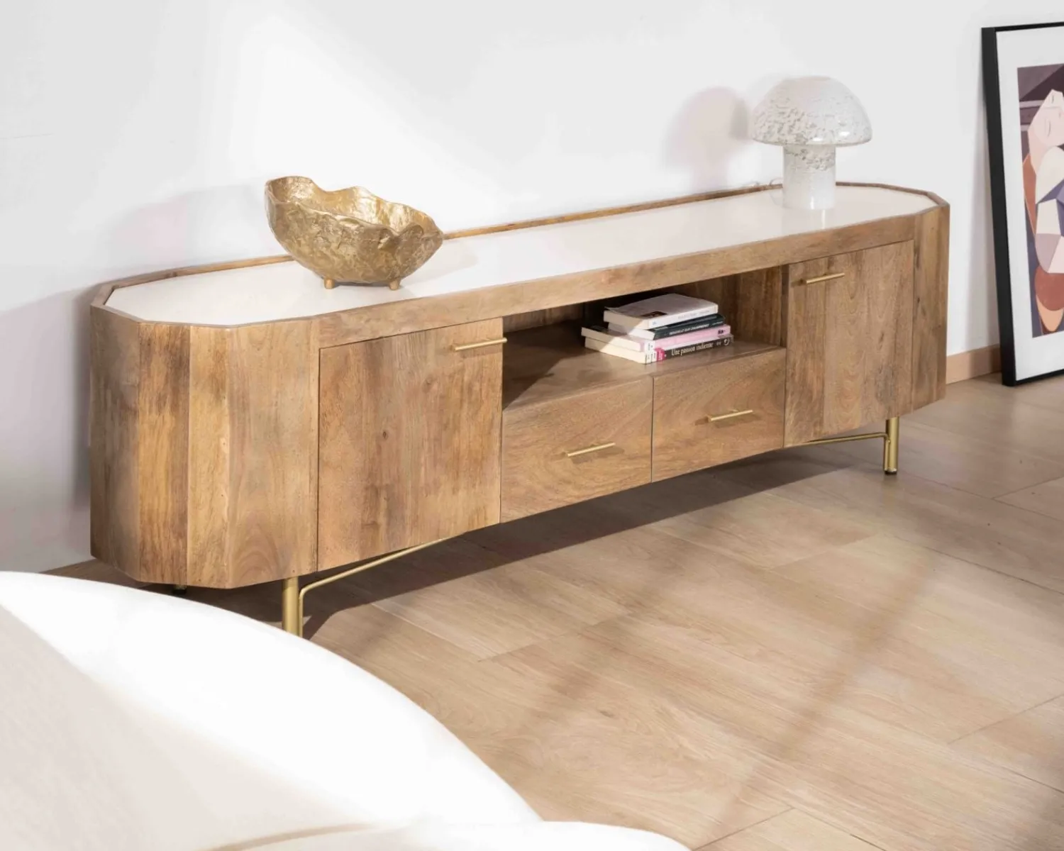 Meuble House Meuble TV 180 cm rétro-chic avec plateau en terrazzo blanc "Bruges" Best