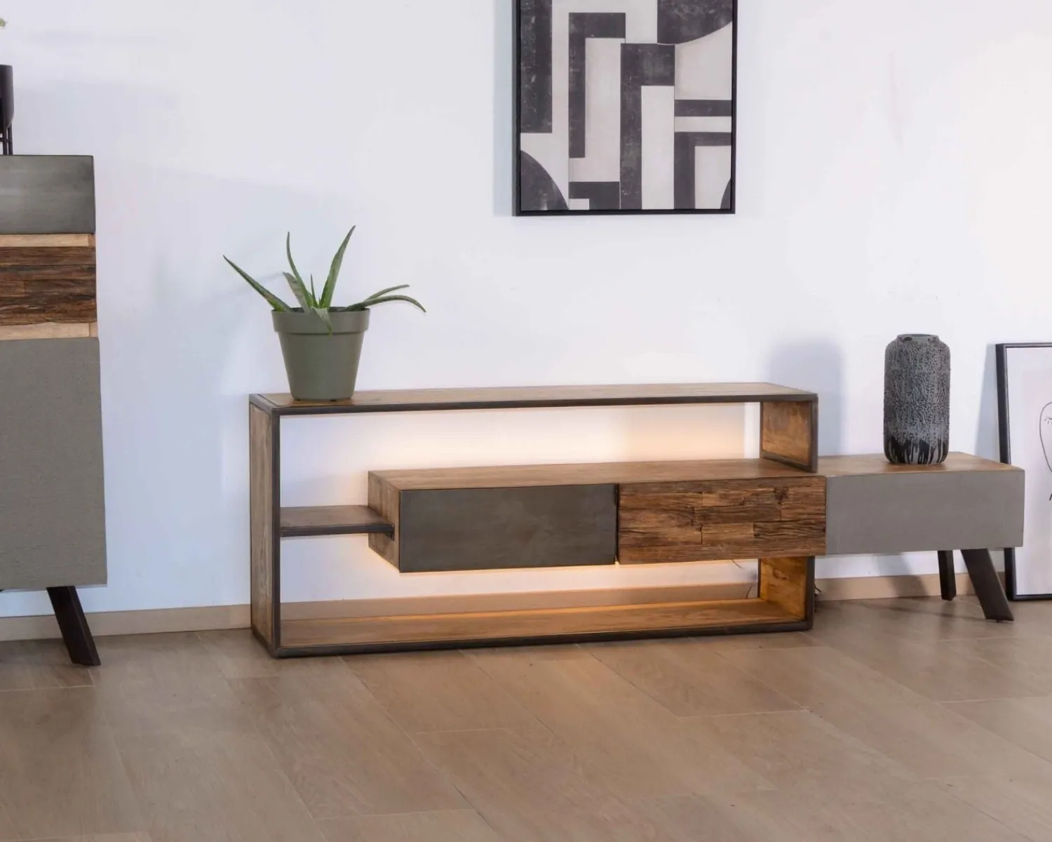 Meuble House Meuble TV contemporain multi matériaux avec éclairage LED "Mezzo" Online