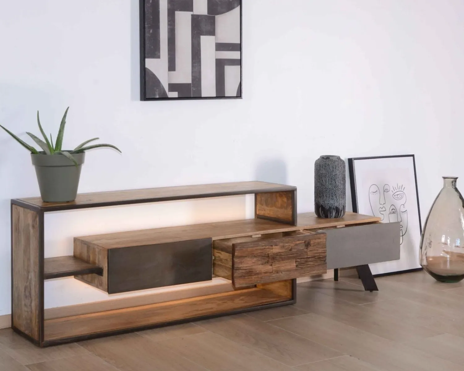 Meuble House Meuble TV contemporain multi matériaux avec éclairage LED "Mezzo" Online
