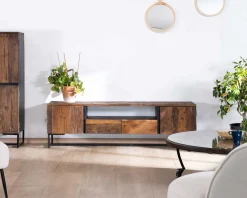 Meuble House Meuble TV industriel 175 cm acacia et métal noir 