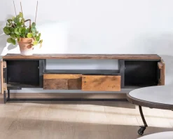Meuble House Meuble TV industriel 175 cm acacia et métal noir 
