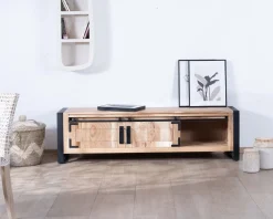 Meuble House Meuble TV industriel 180 cm bois et métal 2 portes 2 niches