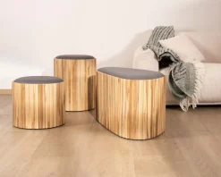 Meuble House Petite banquette en bois de teck recyclé et tissu gris 