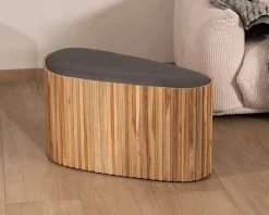 Meuble House Petite banquette en bois de teck recyclé et tissu gris 