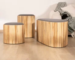 Meuble House Petite banquette en bois de teck recyclé et tissu gris 