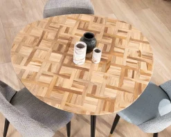 Meuble House Petite table de repas 3 pieds crayon en métal plateau teck marqueterie "Foster" 110cm Clearance