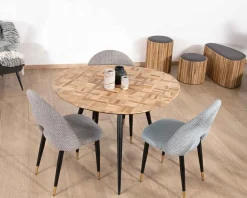 Meuble House Petite table de repas 3 pieds crayon en métal plateau teck marqueterie 