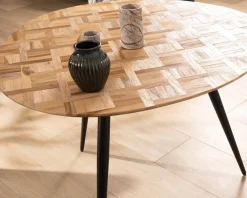 Meuble House Petite table de repas 3 pieds crayon en métal plateau teck marqueterie 