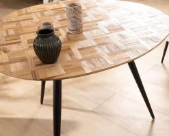 Meuble House Petite table de repas 3 pieds crayon en métal plateau teck marqueterie 